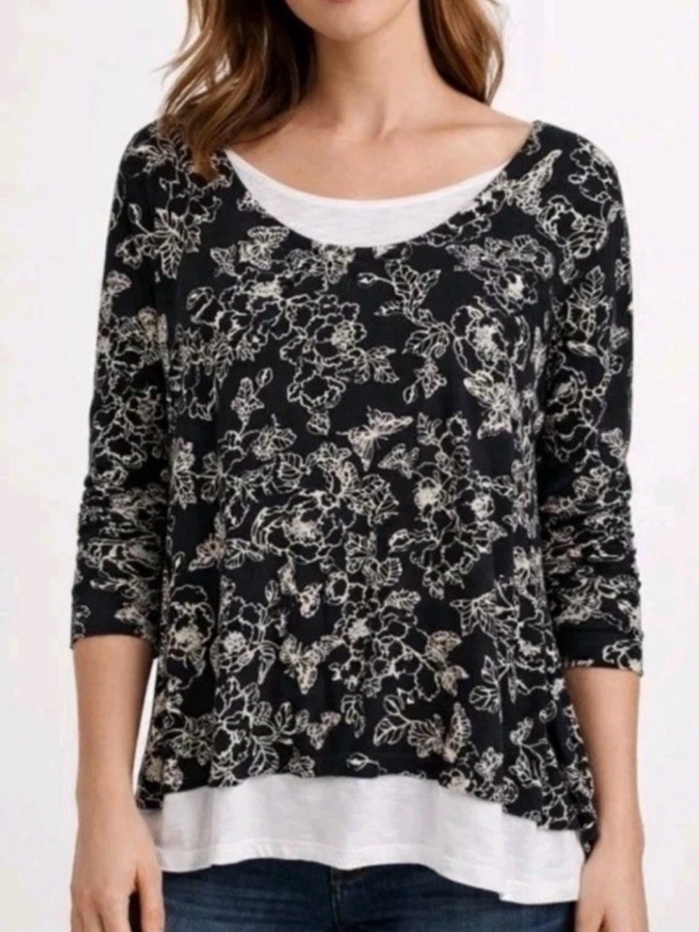J. Jill Navy Floral Butterfly Stretch Layered-Look Long Sleeve Tunic